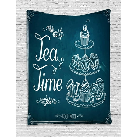 Tea Tapestry, Pastries Bakery Cookies Muffin Cake Biscuit Morning Sweet Brunch Menu Artful, Wall Hanging for Bedroom Living Room Dorm Decor, 60W X 80L Inches, Petrol Blue White, by