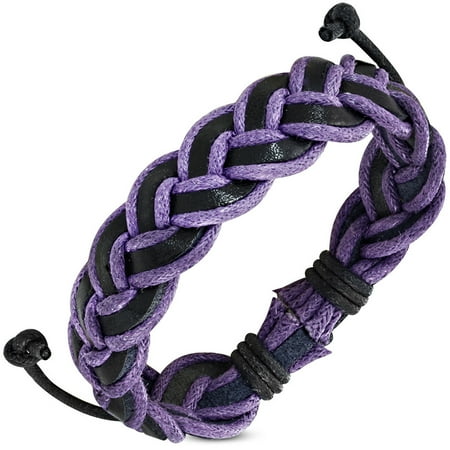 Black Purple Leather Braided Adjustable Mens Wristband Bracelet