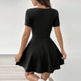 thumbnail image 4 of Women Solid Square Neck Short Sleeve Bodycon Flared Mini Dress, High Stretch Slim Fit A-Line Skater Dress, Casual Club Party Going Out Cute Dresses Black XL(XL), 4 of 6