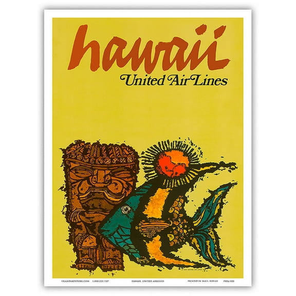 Hawaii - Tiki and Moorish Idol (Kihi Kihi) Fish - United Air Lines - Vintage Hawaiian Travel Poster by Jebavy c.1967 - Master Art Print (Unframed) 9in x 12in