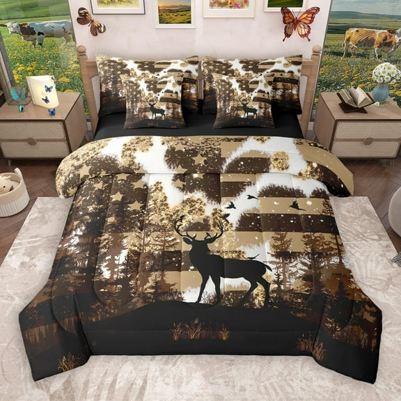 Castle Fairy Animal Deer 7-Piece Twin Bedding Sets for Women Men Teens,USA Flag Bedding Comforter Set,Abstract Vintage Breathable Sheet Sets,Microfiber Bedroom Decor