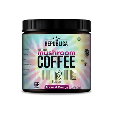 LRLA SUPERFOODS Organic Mushroom Coffee HIRIE – Instant Medium Roast with 7 Mushrooms, Fair Trade Arabica, Low Acid, Bold Flavor – 35 Servings