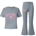 thumbnail image 2 of ZHOGXU Big Kids Girls Outfit Letter Printed Short Sleeve Round Neck Top And Flare Leg Pants Two Piece Comfortable Fashion Sets For Daily Wear Grey 10-11 Years, 2 of 3
