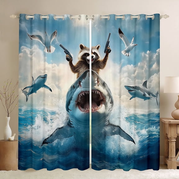 Feelyou Raccoon Riding Shark Black Out Curtains, Kawaii Sealife Animal Curtains Pack of 2 (42x63 Each), Ocean Birds Bedroom Curtains, Curtains and Drapes Home Decor