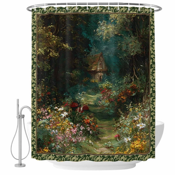 Forest Shower Curtain, Waterproof Shower Curtains for Bathroom, Spring Oil Painting Country Cabin Trees Flower Washable Fabric Bathtub Curtain Set Bath Decor with 12 Hooks Long 72"x84"