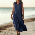 thumbnail image 3 of NXMZXB Womens Summer Casual Cotton Linen Midi Dresses Lightweight Sleeveless Button V Neck Plain Collared Tshirt Dress Loose Comfy Beach Vacation Sundress Maxi Dress with Pockets Navy L, 3 of 6