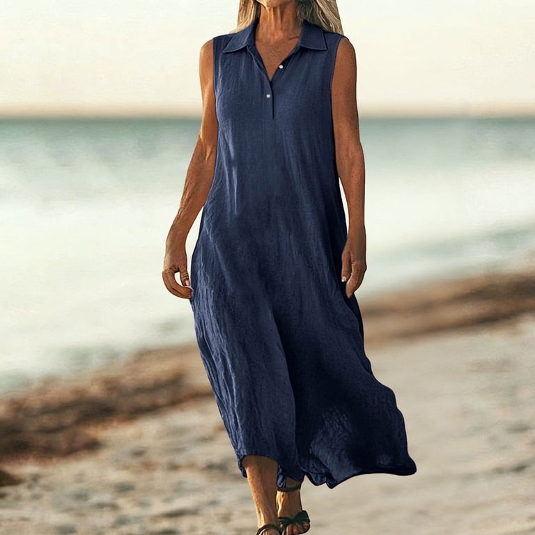 chinese dress ladies Cotton Linen Long Dresses for Women Sleeveless Lapel Collar V Neck Button  Down Maxi Tank Dress Elegant Work Dress Black at Amazon Women's Clothing  store main image 0