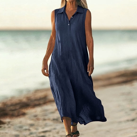 Elvqul Womens Tunic Dresses Sleeveless Navy Mini Dresses Collared Button Loose Plain Tank Dresses for Women Pullover