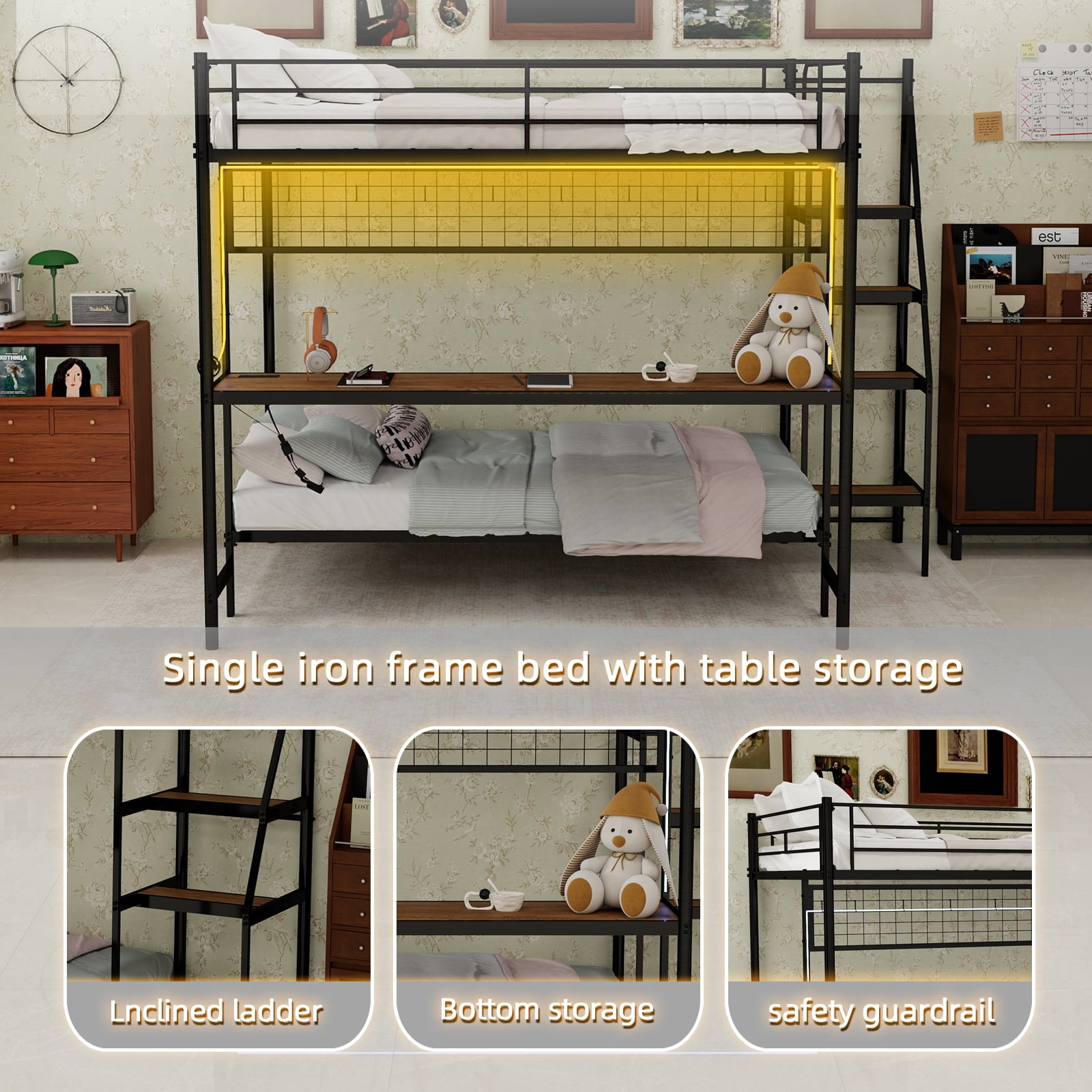 Mintazer Twin Over Twin Metal Bunk Bed with Desk, LED Light & Power Outlet, Bunk Bed Frame with Guardrails and Ladder for Kids Teens Bedroom Dorm Apartment, Black
