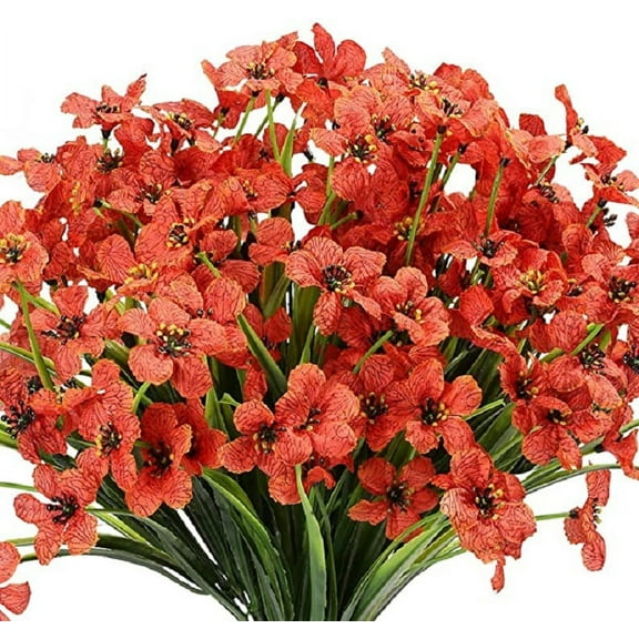 Sinhoon 12 Bundles Artificial Flowers Outdoor UV Resistant Fake Flowers No Fade Faux Plastic Plants Garden Home Wedding Decor(Sunset red)