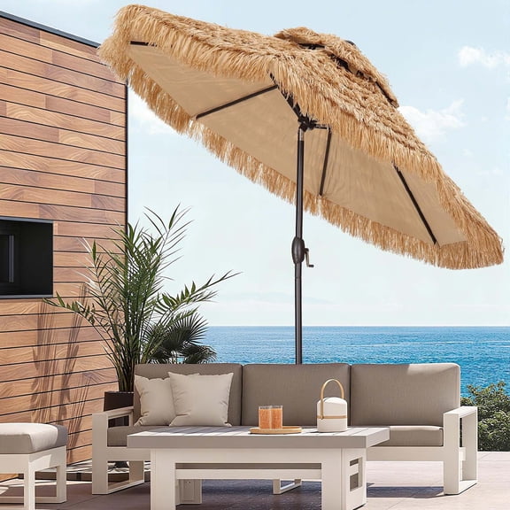 Autlaycil 9 ft 2-Tier Patio Tiki Umbrella, Hawaiian Thatched Umbrella with Push Button Tilt, Pool, Patio, Beach