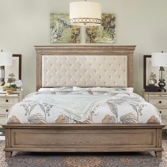 Merluxy 68.1" H Queen Size Bed Frame with Upholstered Headboard, Solid Wood Mid-Century Platform Bed, Architectural Design, Light Oak