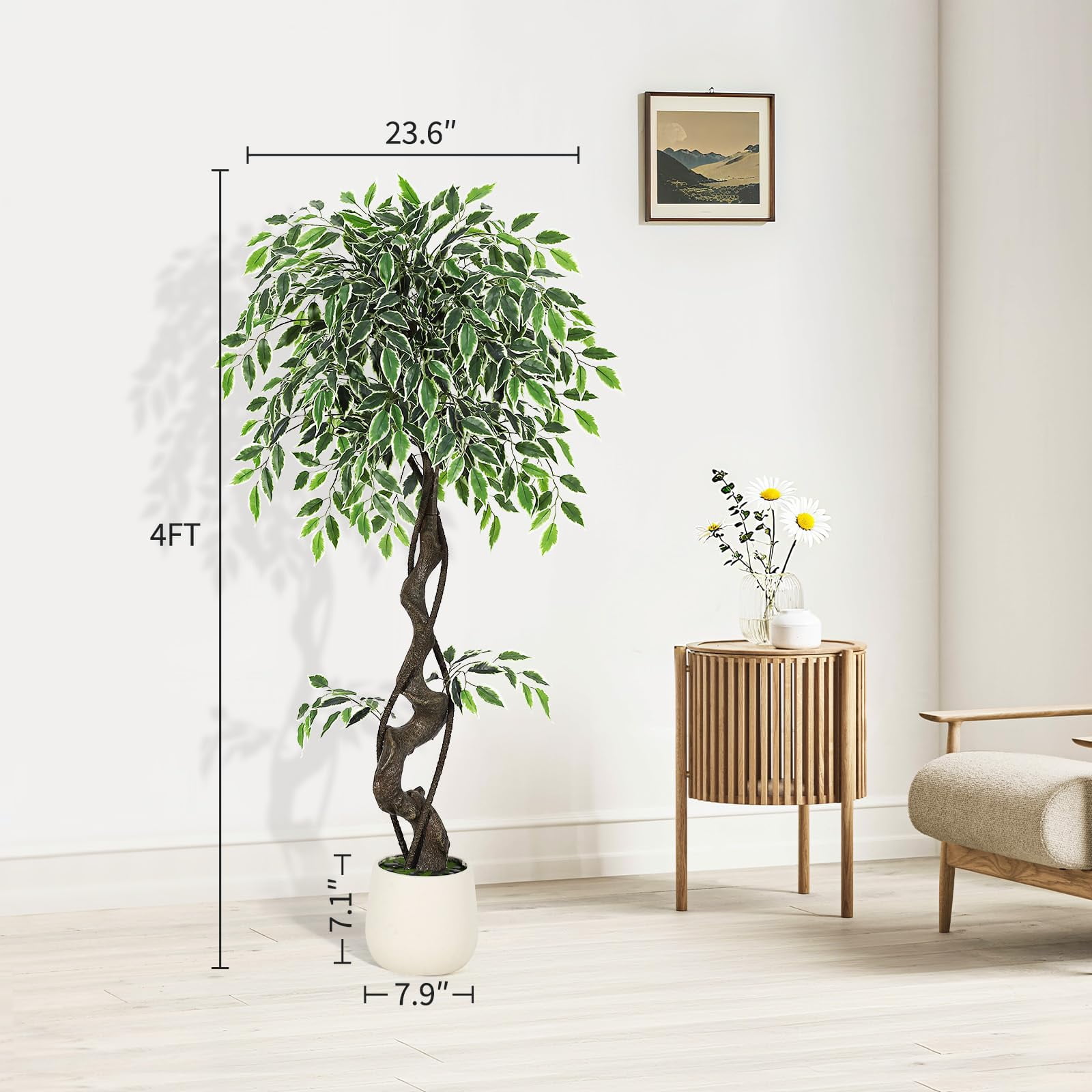 Ataucjin 4FT Artificial Ficus Tree,Faux Floor Tree White Imitation Ceramic Planter, Indoor Outdoor Lifelike Fake Ficus Tree with Pebbles & Green Fake Moss for Office Home Decor