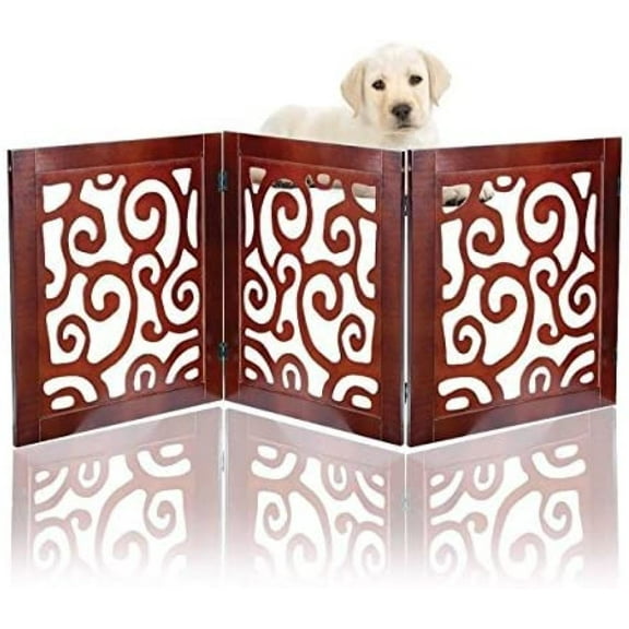Safety Pet Gate for Dogs Free-Standing & Foldable - Decorative Scroll Wooden Fence Barrier Stairs & Doorways (Mahogany)