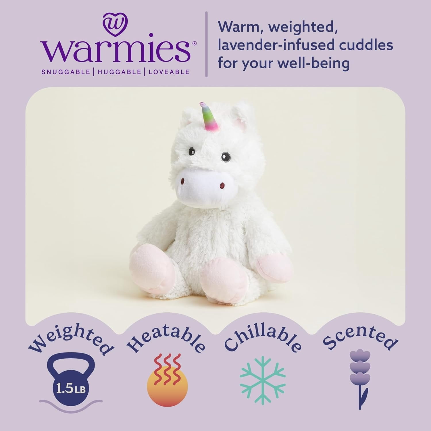 Warmies White Unicorn Weighted Plush, Microwavable Heated Stuffed Animal, Lavender Scented, 1 Count