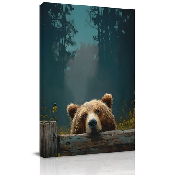 Peeking Bear Canvas Wall Art for Living Room, Pine Tree Cute Animal Woodland Poster Print Painting for Bedroom Office Home Decoration Wall Pictures Prepare To Hang 8"x12"