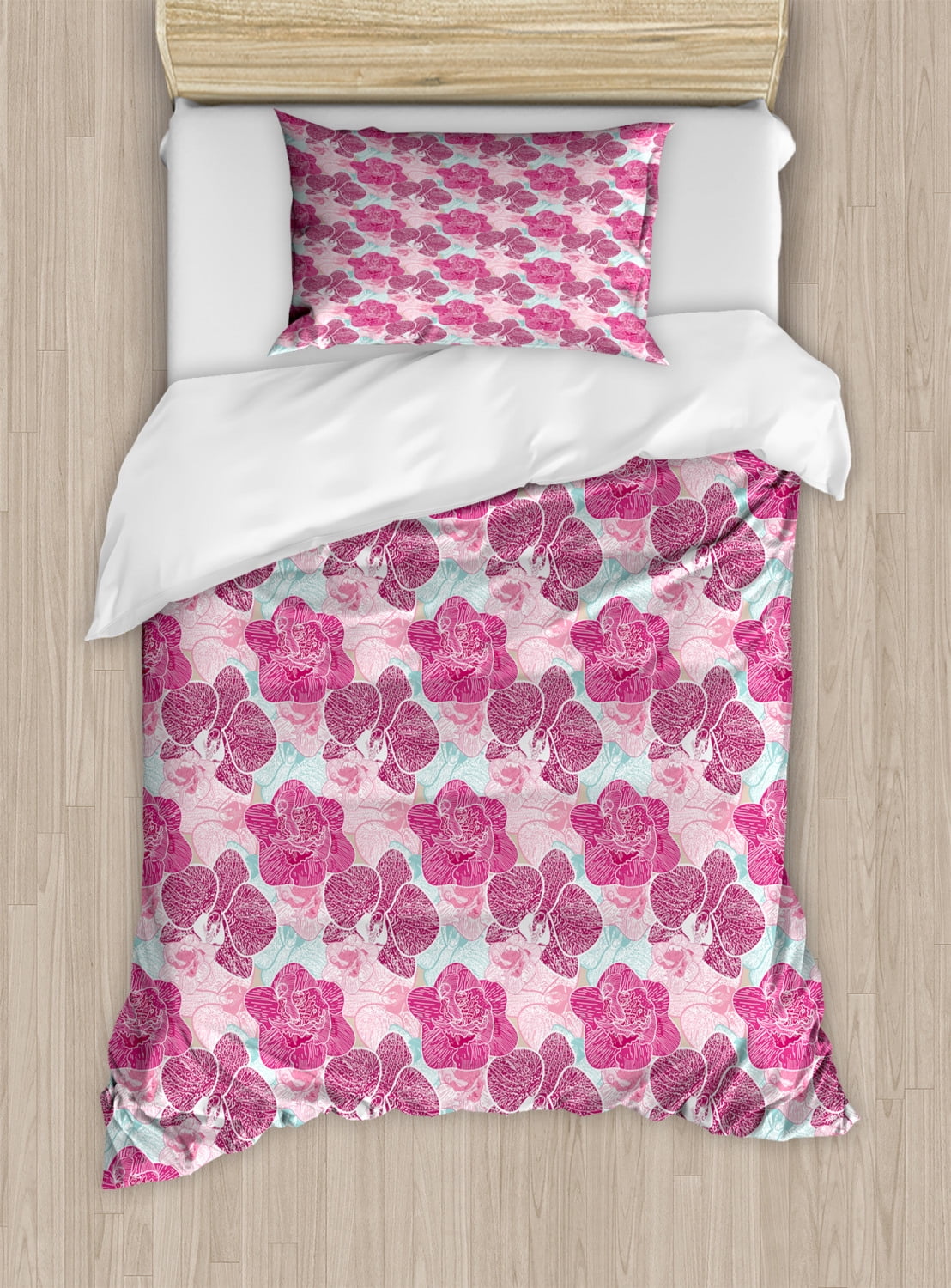 Floral Twin Size Duvet Cover Set, Artistic Orchid Blossoms in Pink and Mint Shades and Grunge