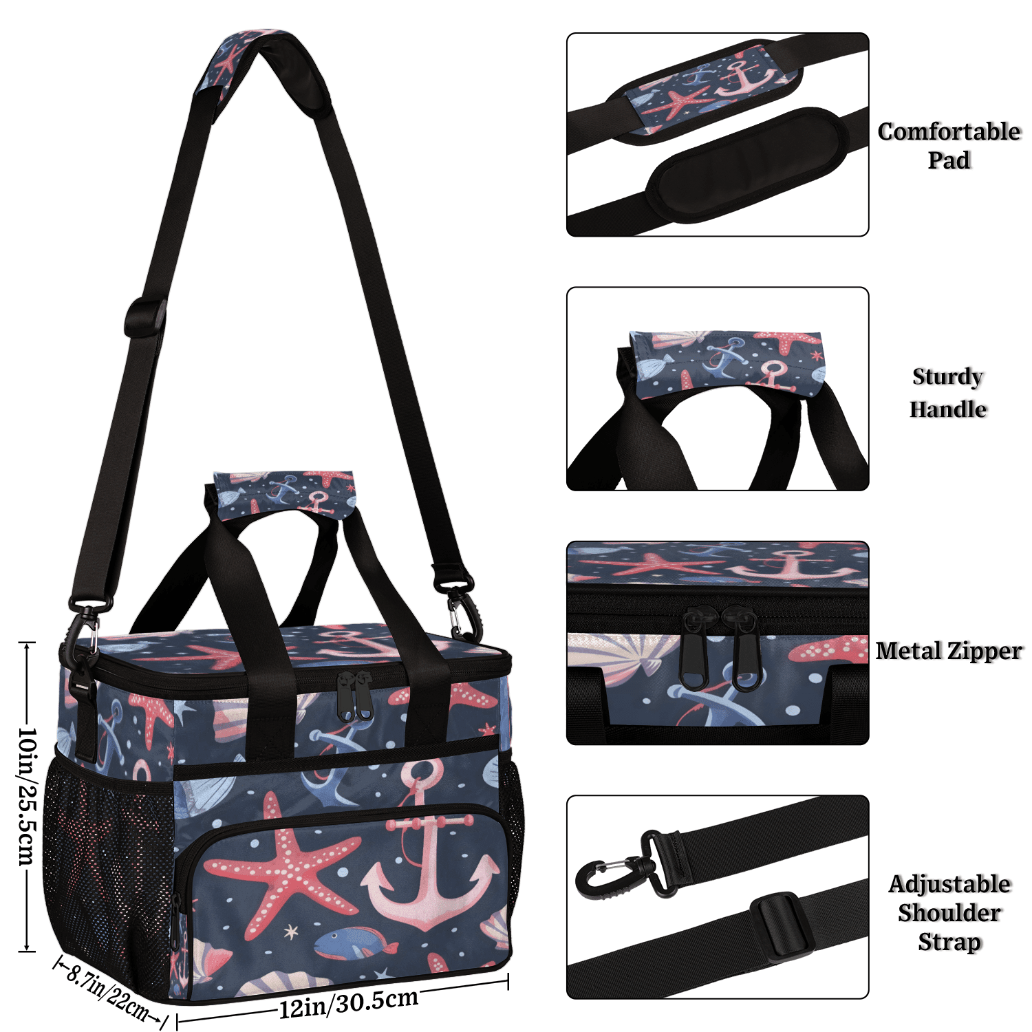 Herdesigns Nautical Starfish Shell Anchor Large Lunch Box for Adults Women Men with Adjustable Shoulder Strap, Insulated Reusable Lunch Bag Leakproof Cooler Tote Bag