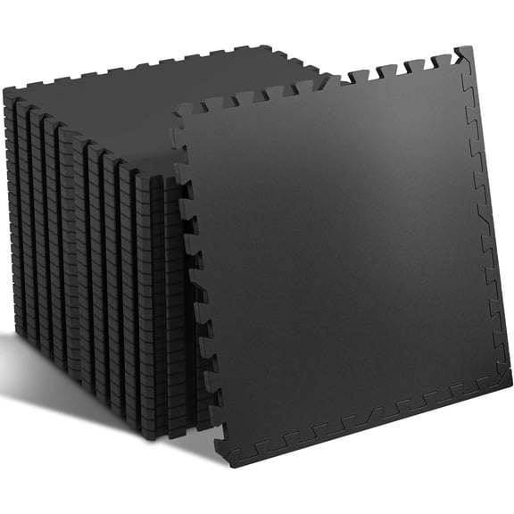 0.56'' Thick 24 Pcs 96 Sq Ft Rubber Top Exercise Equipment Mats, High Density EVA Foam Mats with Rubber Top, Interlocking Gym Flooring for Home Gym, Protective Workout Mat, Black