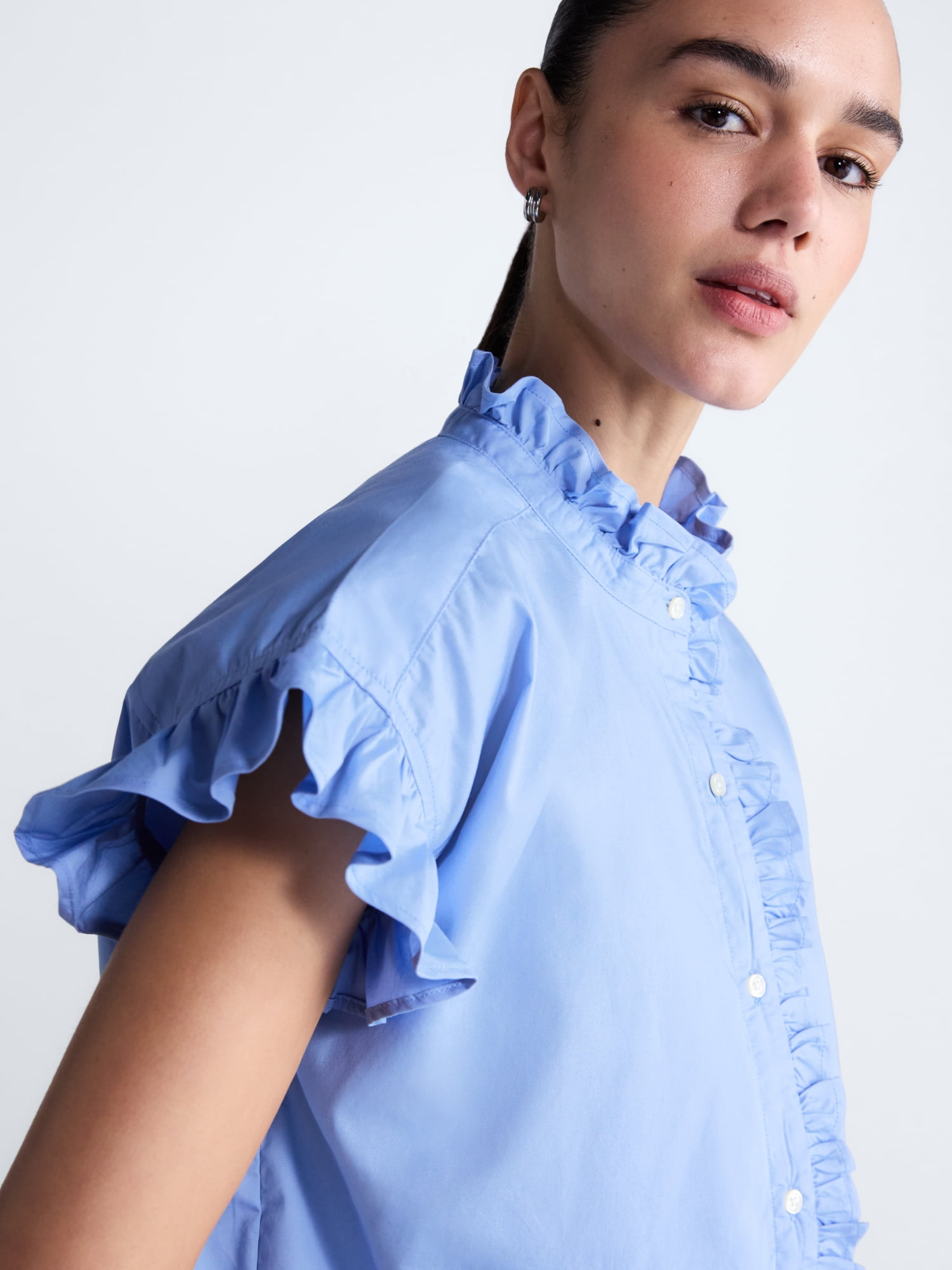 Free Assembly Women's and Women's Plus Ruffle Trim Neck Top with Short Sleeves, Sizes XS-4X