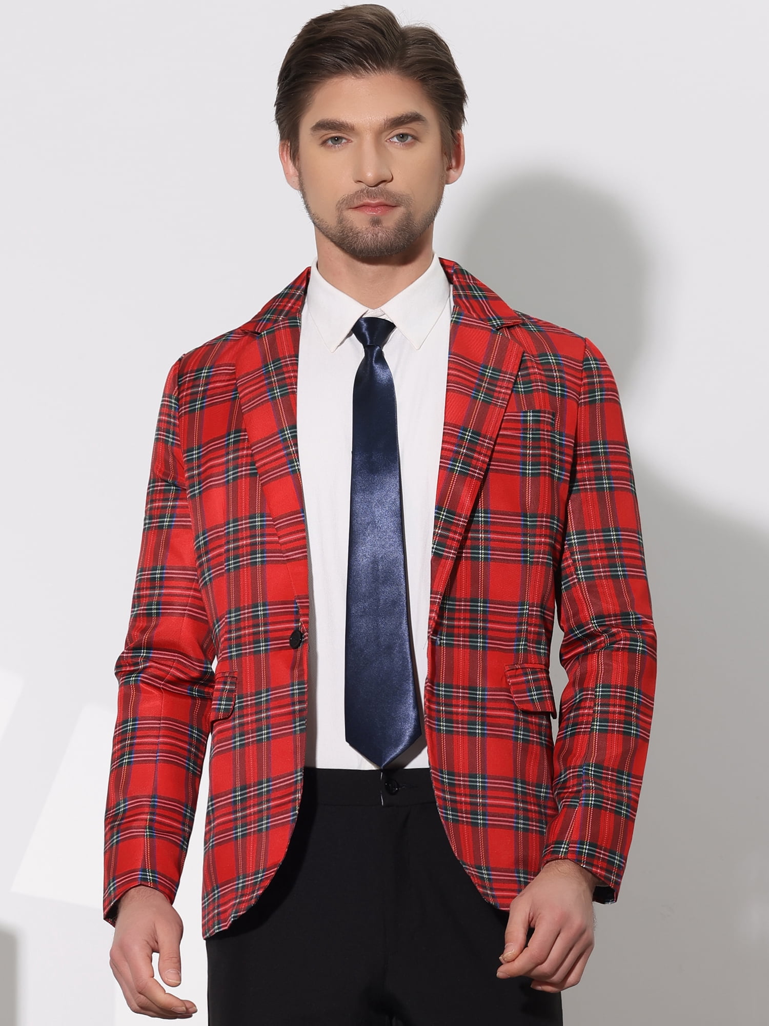 DARING DIVA Men's Plaid Blazers Notch Lapel Checked Wedding Dinner Sports Coat S Red