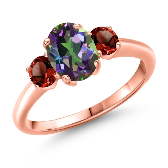 Gem Stone King 2.32 Ct Oval Green Mystic Topaz Red Garnet 18K Rose Gold Plated Silver Ring (Size 5)