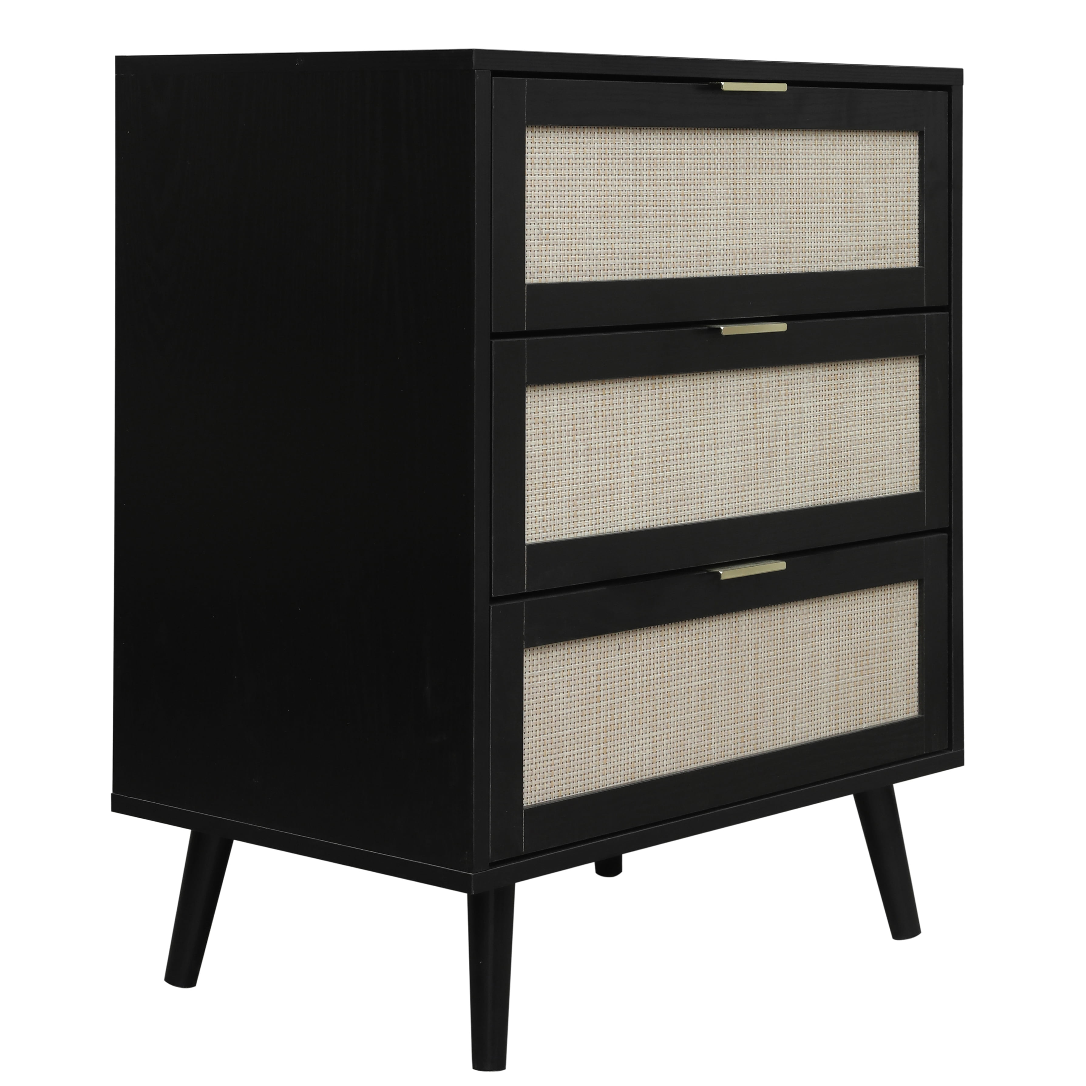 Aukfa 3 Drawer Tall Dresser Nightstand with Rattan Storage Drawer for Bedroom Living Room, Black