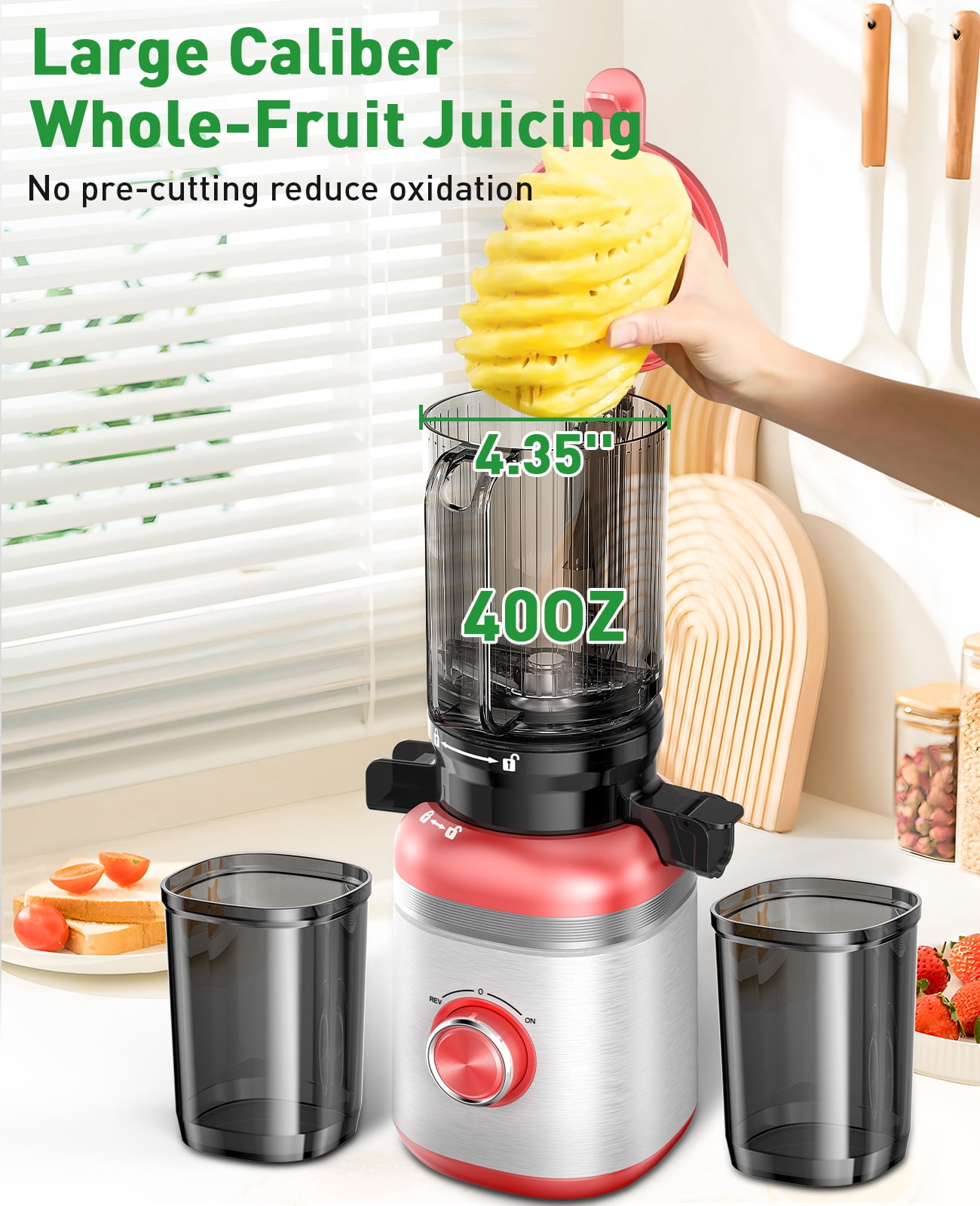 GlowWise Cold Press Juicer Machine 4.35 Extra Wide Feed Chute, Quiet Masticating Juicer for Fruits & Vegetables, Easy to Clean & Assemble, Ideal for Home Kitchens, Healthy Families & Fitness Lovers