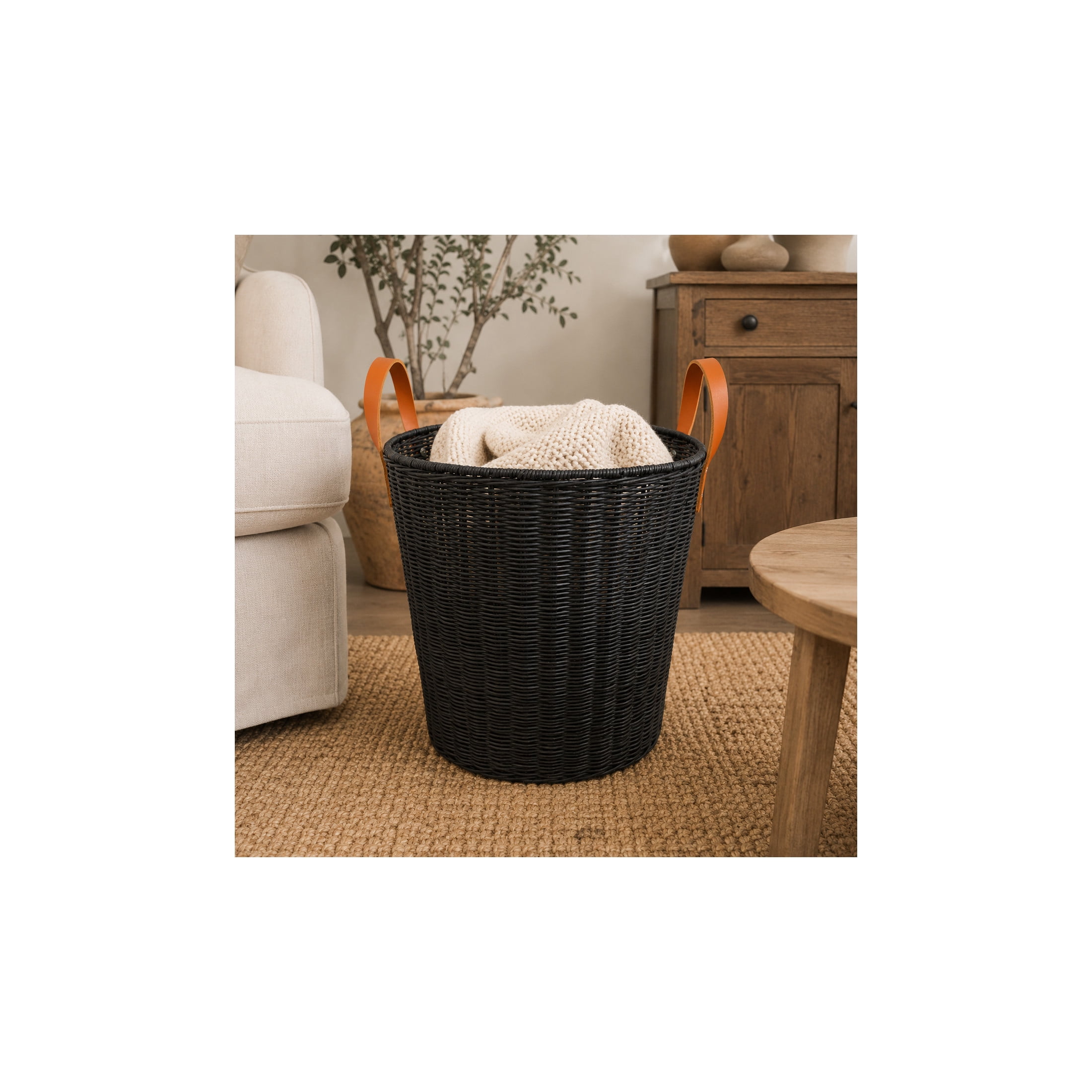 DecMode 16" x 20" Black Rattan Handmade Woven Storage Basket with Brown Leather Handles, 1-Piece