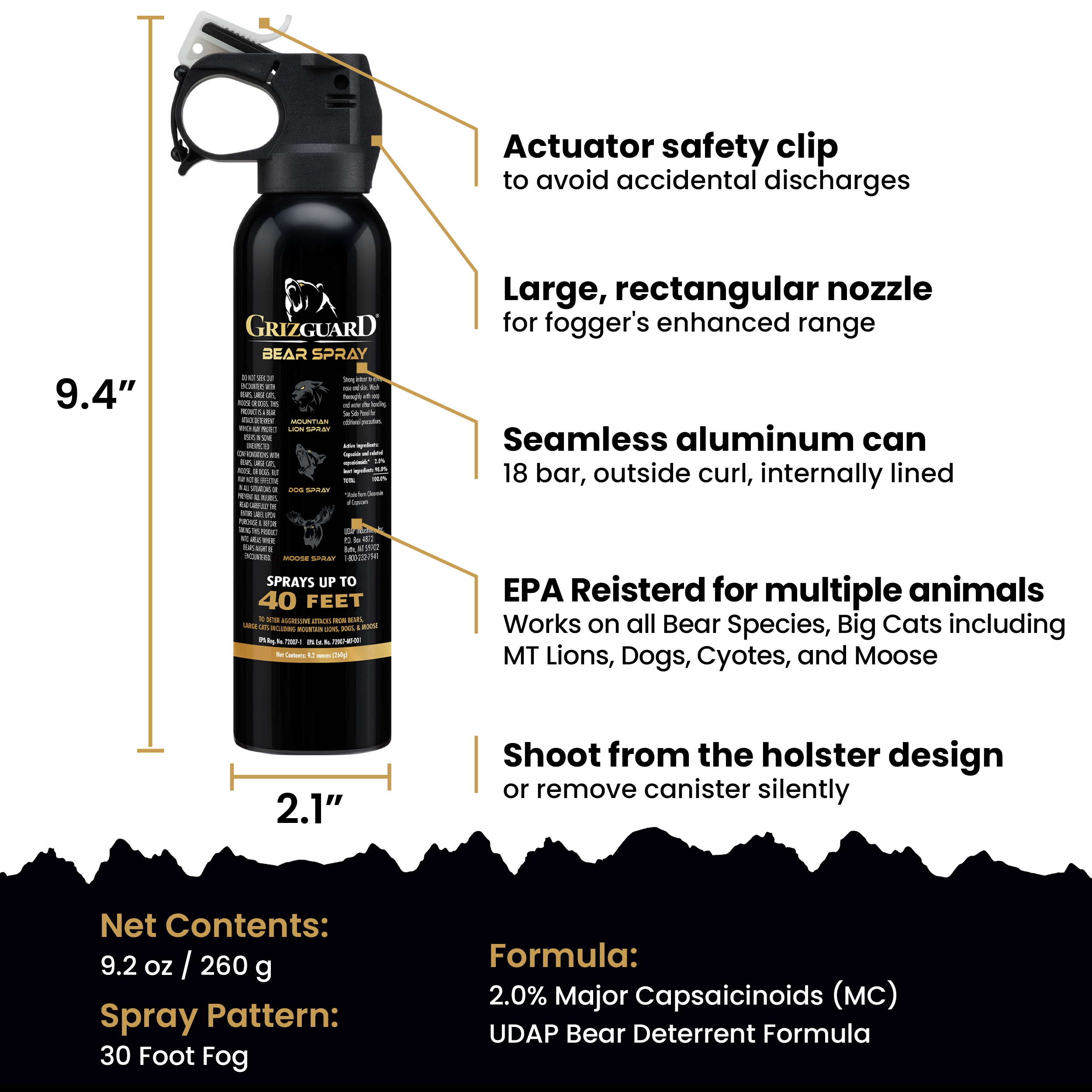 Griz Guard 260GG2 Bear Spray 2 Pack with Holster — 40 ft Range, Maximum Strength EPA-Registered Defense for Bears, Mountain Lions, Coyotes, Dogs & Moose — 9.2 oz Outdoor Hiking & Camping Protection