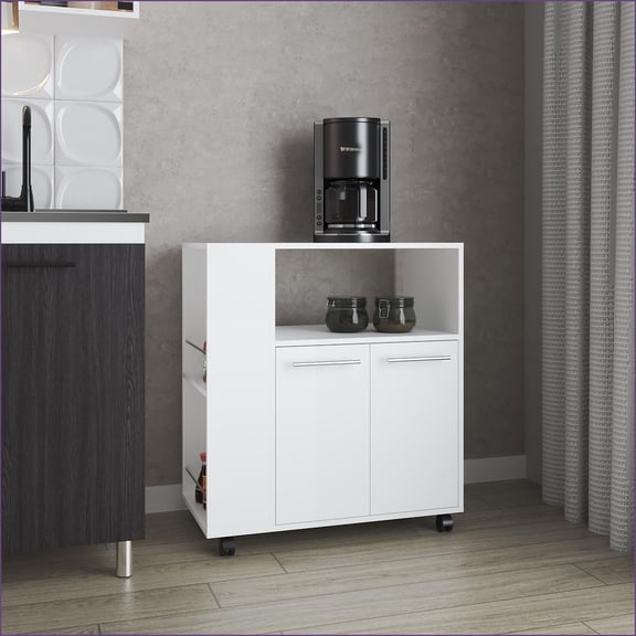 Kitchen Cart with Microwave Shelf, Open Storage & Two-Door Cabinet - Modern White | Small | Melamine