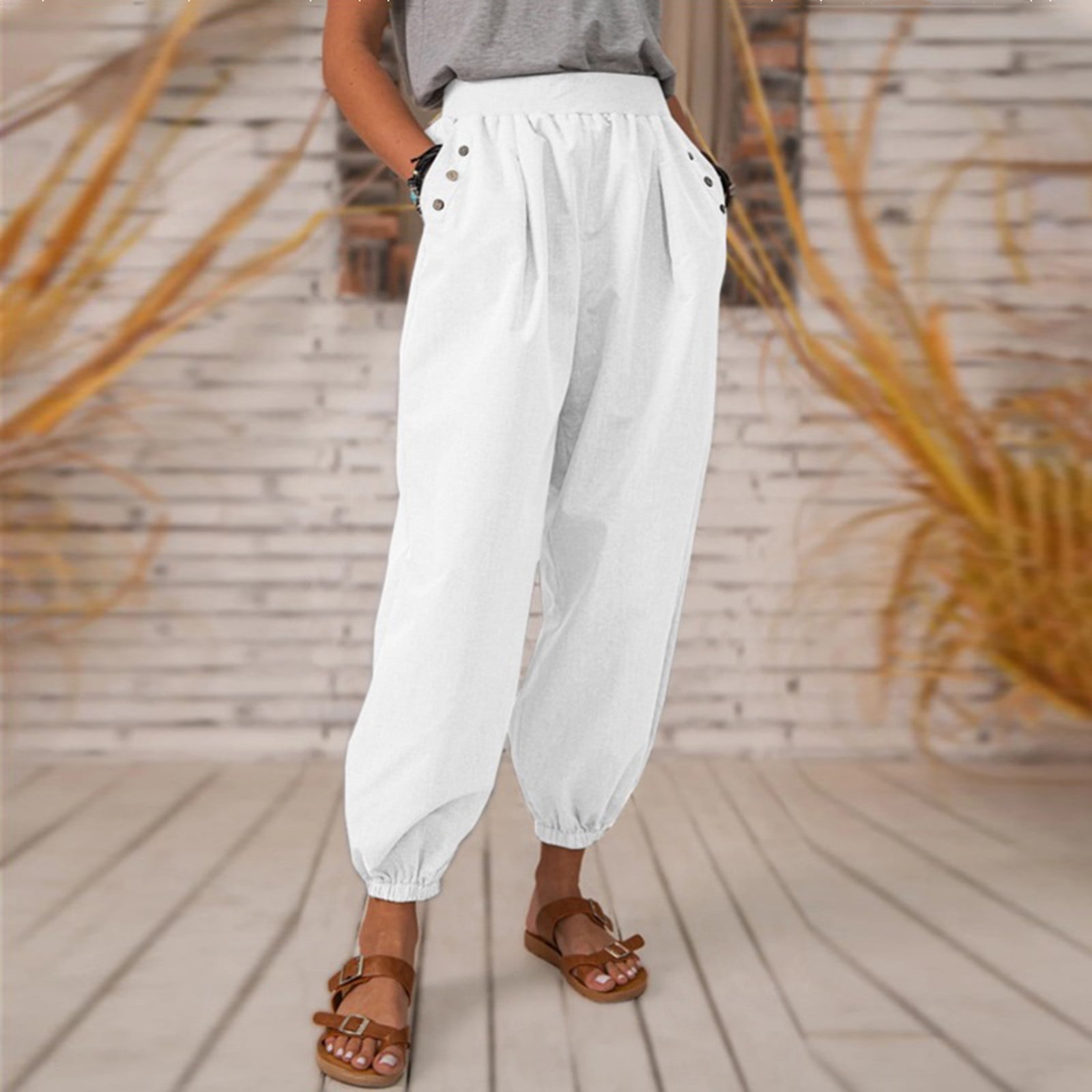 NEGJ White Linen Pants For Women Tightness Trousers Pocket Casual Size Pants - Walmart.com