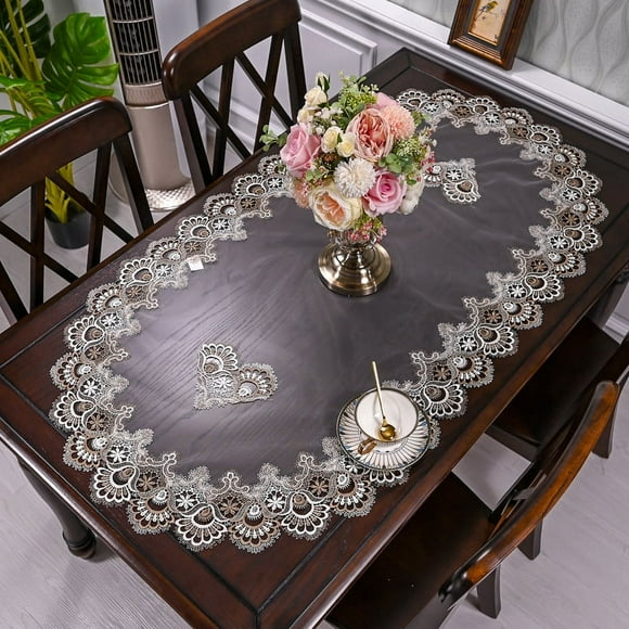 WCHAUNG Embroidered Tablecloth Lace Table Runner, Oval Coffee Table Runner Table Centerpiece Doily Placemat Nightstand Dresser Scarf