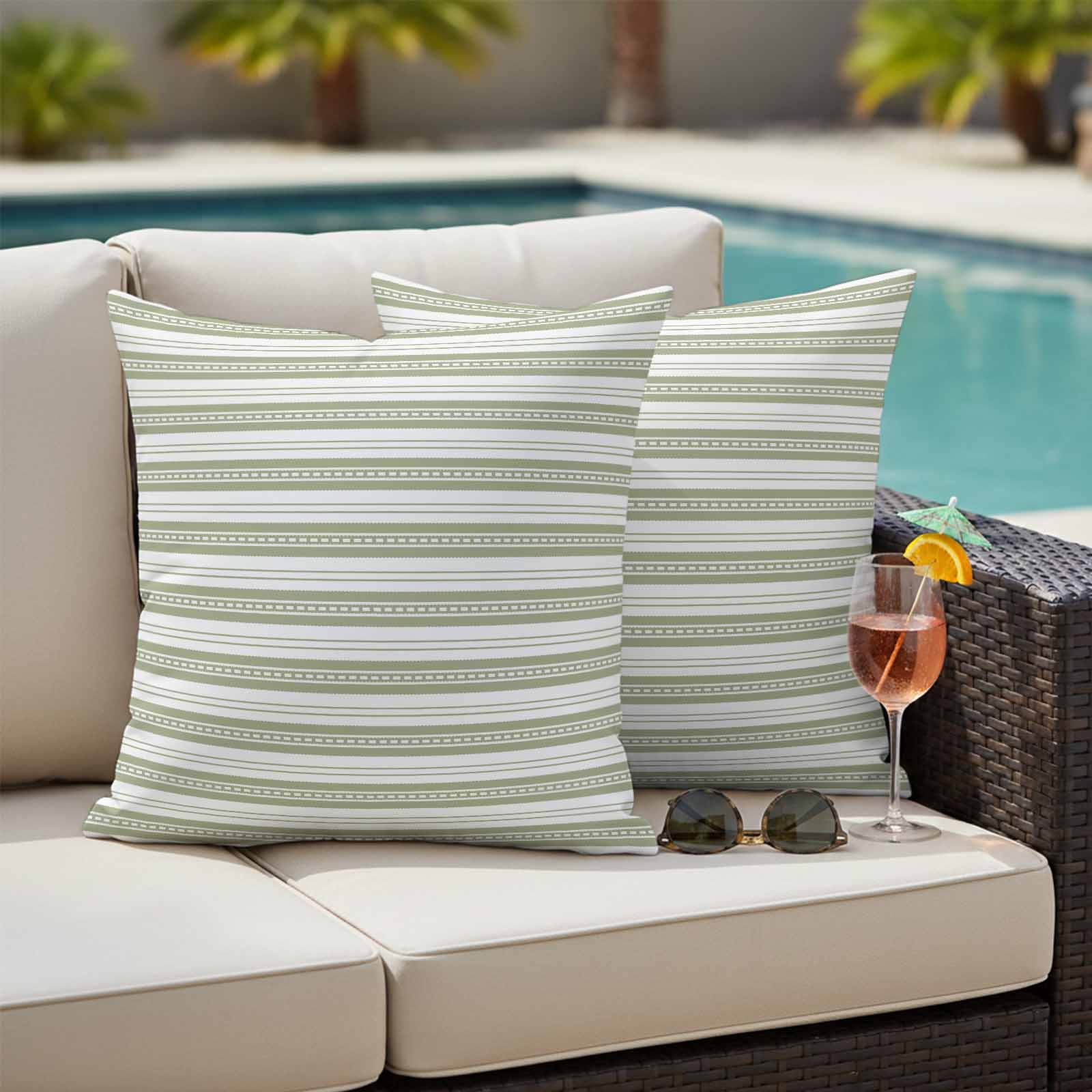 Boho Sage Green Stripe Outdoor Waterproof Pillow Covers, Abstract Geometric White Minimalist Decorative Square Throw Pillowcase Sofa Cushion Sham for Patio/Couch/Chair, 20"x20" 2 Pack