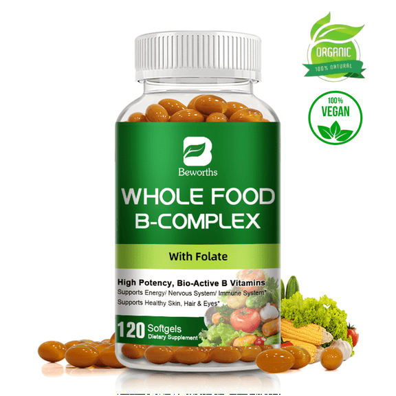Beworths Super B Complex Vitamin - Whole Food Supplement B1, B2, B3, B5, B6, B7, B9, B12 - Support for Immune Support - 120 Capsules