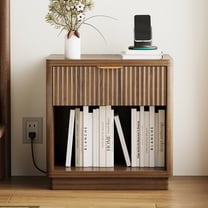 Fluted Night Stand, Modern and Small Bedside Table with Charging Station, Curved Design Wooden End Table with Drawer and Open Compartments, for Living Room, Bedroom