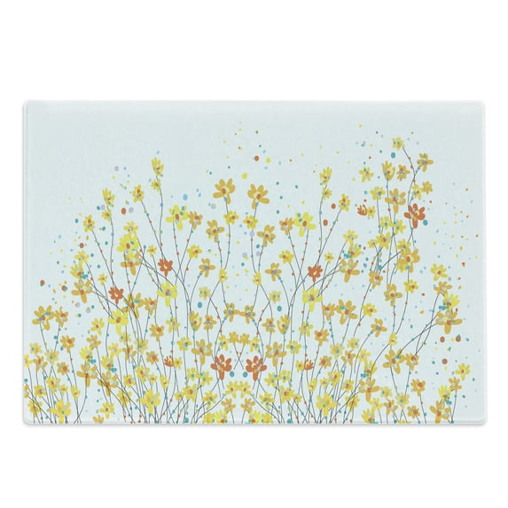 Daffodil Cutting Board, Botanical Blooming Spring Field Gardening Theme with Color Splatters, Decorative Tempered Glass Cutting and Serving Board, Large Size, Yellow Orange Pale Blue, by Ambesonne