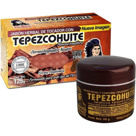 Bundle DEL INDIO PAPAGO Tepezcohuite Night Facial Cream 60 gr / 2.02 Fl Oz Neutral soap with Tepezcohuite 125 gr - Mexican Beauty - For All Skin Types - Nourishes - Softens - Paraben Free