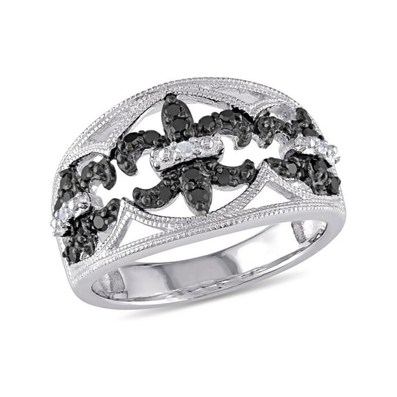 1/4 Carat (Ctw) Black and White Fleur De Lys Diamond Ring in Sterling Silver