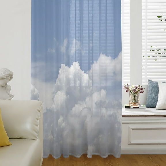 Clouds Semi Sheer Curtains Drapes for Living Room, Bedroom, French Doors Window 84 Inches Long, Blue White Sky Natural Landscape Rod Pocket Chiffon Curtain Drapery Voile Draperies Panel