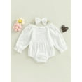 thumbnail image 2 of Baby Girls Romper Set Long Sleeve Off-shoulder Hollowed Pleated Solid Romper with Hairband, 2 of 8