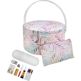 SINGER Large Premium Round Sewing Basket Pastel Palm Leaf Print with Emergency Travel Sewing Kit & Matching Zipper Pouch