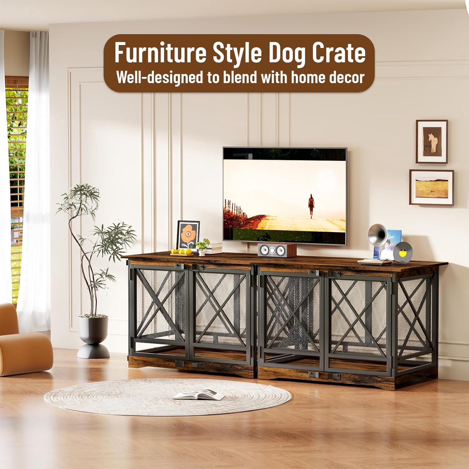 COZPAW 48 Inch Heavy Duty Dog Crate Furniture, Double Door Wooden Dog Kennel End Table for Large Dogs, Brown