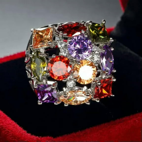 New Multi-color AAA Cz Hollow Flower Band Ring Women's 925 Silver Finger Jewelry