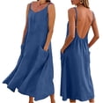 thumbnail image 4 of Women's 100% Cotton Spaghetti Strap Midi Dress, Backless V Neck Casual Summer Beach Dress with Pockets, Loose Fit Vacation Sundress for Women S-3XL, 4 of 6