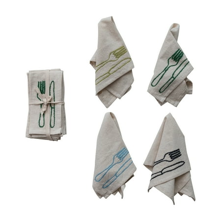 Creative Co-Op 4-Piece Square Cotton and Linen Embroidered Napkins with Utensils  Natural
