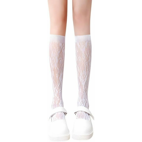 White Lace Socks for Women SummerWomen's Lace Fishnet Knee High Socks Cute Lolita Stockings Sheer Mesh Thin Trouser Socks Fishnet Mesh Knee High Stockings Lace for Women 13.3 Inch White