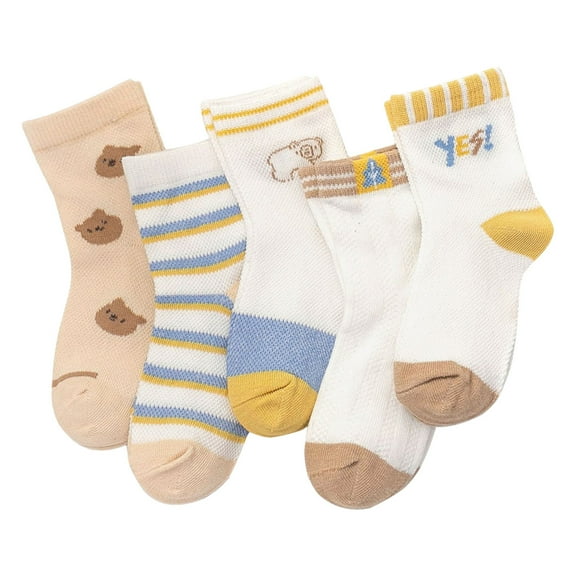 LNMQLPDBS Kids Crew Socks 5 Pairs Little Girls Socks Non-Slip Cute Color Block Striped Cartoon and Letters Shorty Socks Breathable Floor Socks Unisex Socks for Baby Girl or Boy Brown 5-8 Years