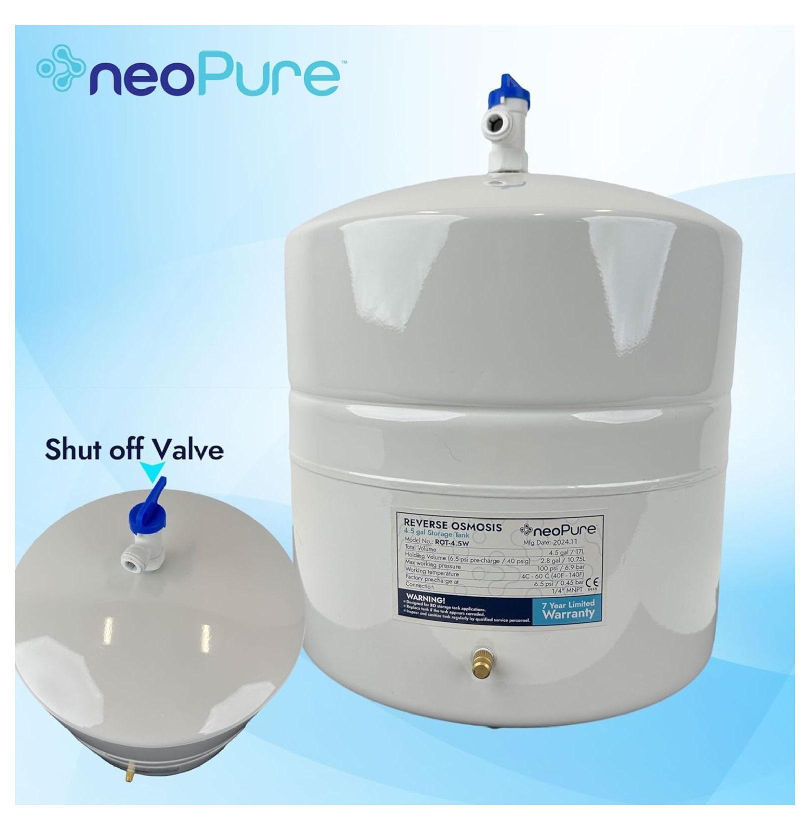 Reverse Osmosis Water Tank – 4.5 Gallon RO Storage Tank, Under Sink Filtration System Replacement, Pre-Pressurized Steel Tank with Shut-Off Valve