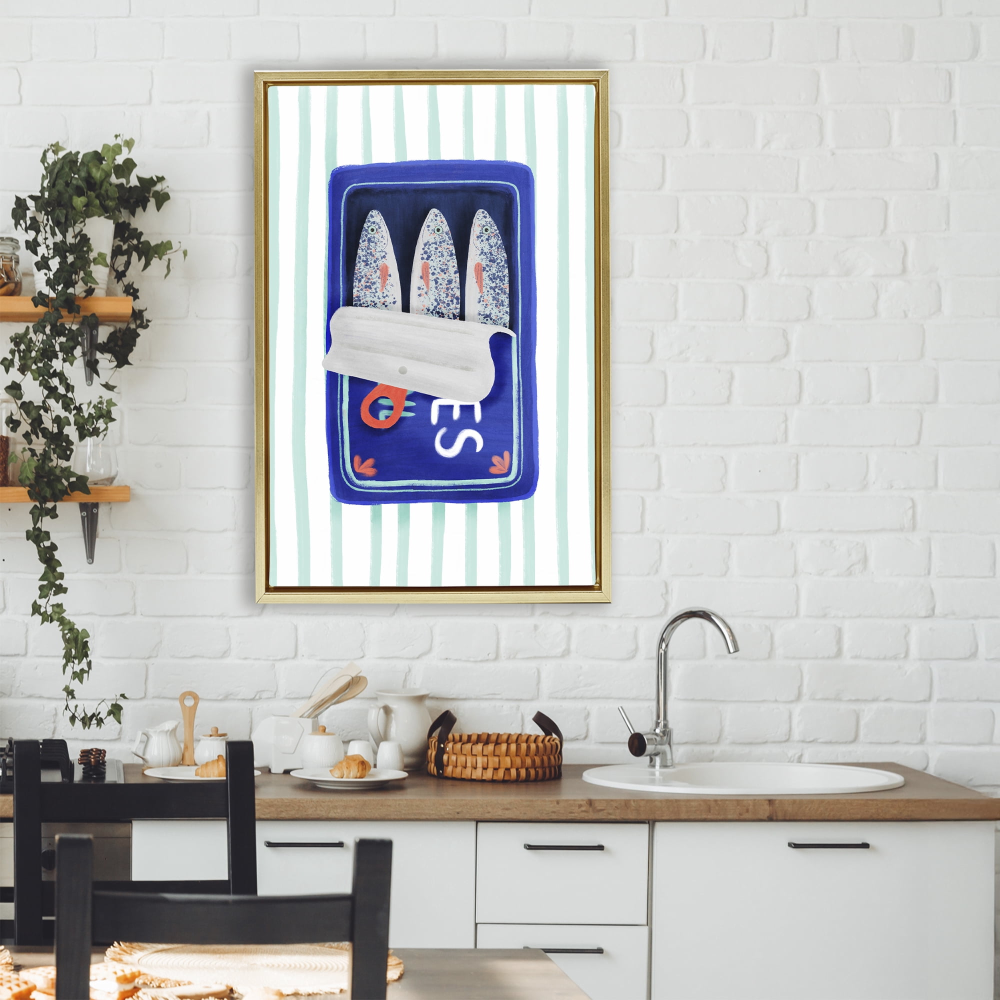 Stupell Industries Blue Sardines on Stripes Gold Framed Floater Canvas Wall Art, design by Metka Hiti
